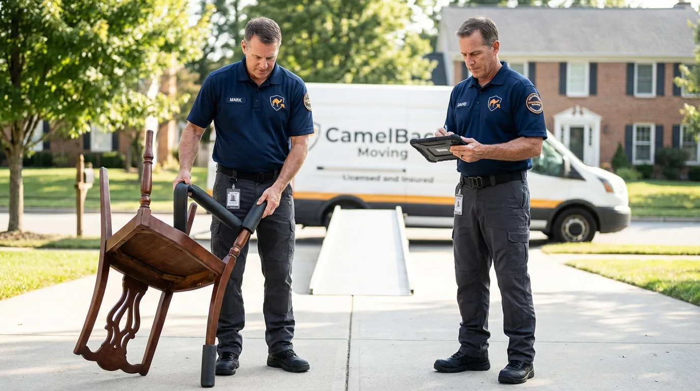 Movers inspecting furniture for damage prevention before loading in Bellwood, PA
