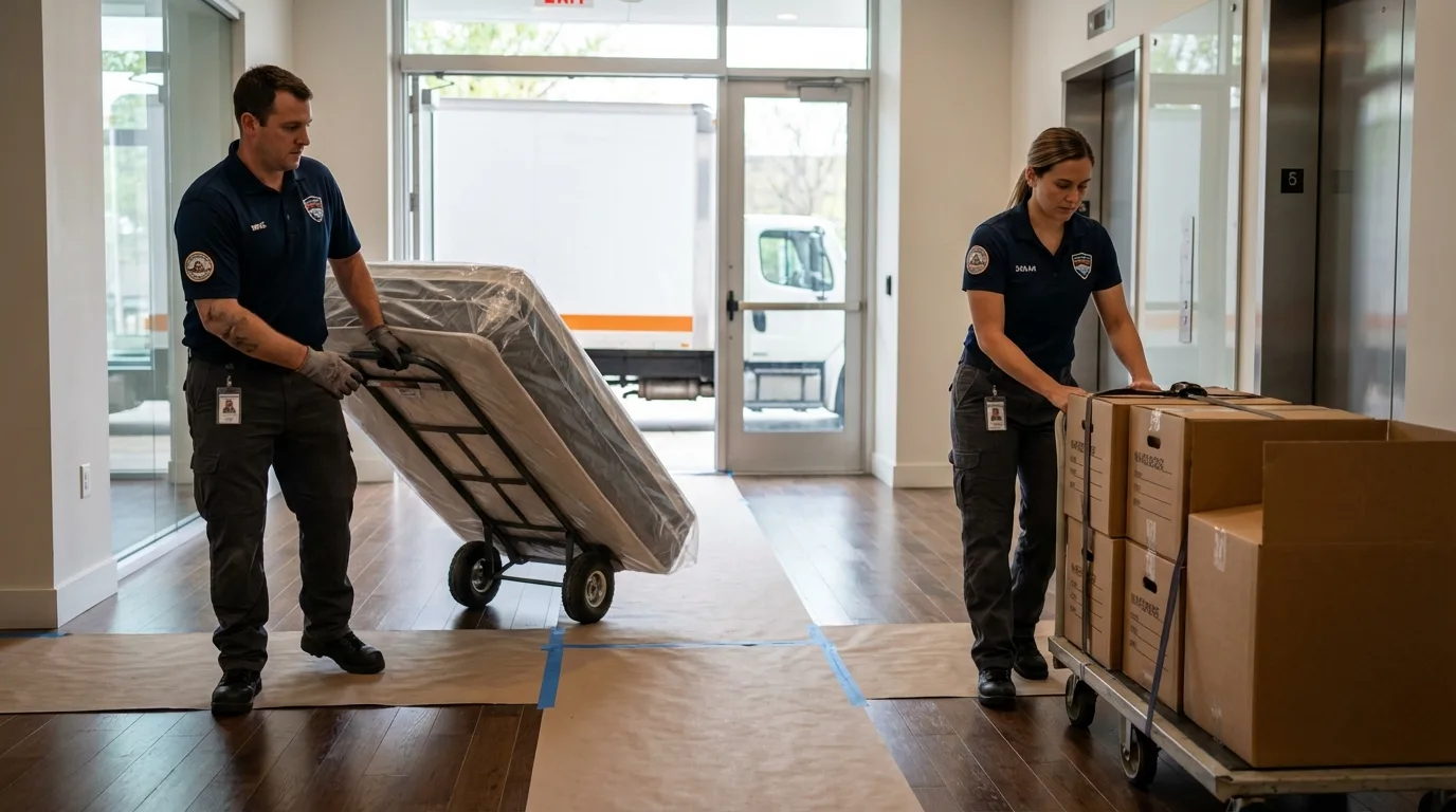 Professional apartment movers loading elevator in Bellwood, PA